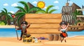 Empty wooden banner template with pirates at the beach daytime scene