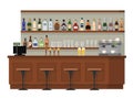 Empty wooden bar counter. Shelves with alcohol bottles. Royalty Free Stock Photo