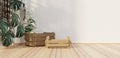 Empty wooden baskets on floor of sieve room wooden barrels floor and wall backdrops in pannier house for food product design 3D