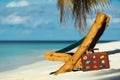 Empty wooden beach chairs on the tropical beach, vacation. Traveler dreams concept Royalty Free Stock Photo