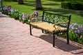 Empty wooden bench near green grass, beautiful flowers in park Royalty Free Stock Photo