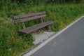 Empty wooden bench in park across bike lane and green grass with red poppy flowers. Meditation, loneliness, relaxation, calmness c Royalty Free Stock Photo