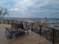 Empty wooden benches in the observation place Royalty Free Stock Photo