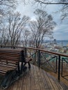 Empty wooden benches in the observation place Royalty Free Stock Photo