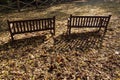 Empty wooden benches at a park with a bed of fallen leaves during fall in Villa Belgiojoso Bonaparte garden Milan, Italy