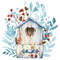 Empty wooden birdhouse with nest. Flowers for home comfort. Winter Christmas and Easter decor. Hand drawn watercolor