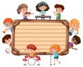 Empty wooden board with kids playing different musical instruments Royalty Free Stock Photo