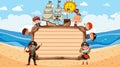 Empty wooden board with many pirate kids cartoon character at the beach Royalty Free Stock Photo