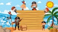 Empty wooden board with many pirate kids cartoon character at the beach Royalty Free Stock Photo