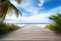 an empty wooden boardwalk leading to a tropical beach