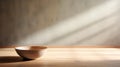 Empty Wooden Bowl On Wood Floor With Soft Brushstrokes And Sunrays