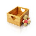 Empty wooden box with heart holders and teddy bear toy