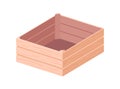 Empty wooden box for storage and transportation. Open wood crate for grocery products. Plywood case from planks. Colored