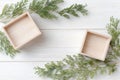 Empty wooden boxes with greenery on light wood background Royalty Free Stock Photo