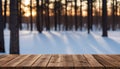 Empty wooden bridge and blur winter snow background