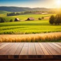 The empty wooden brown table top with blur background of farm and Exuberant