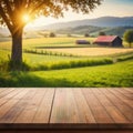 The empty wooden brown table top with blur background of farm and Exuberant