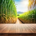 The empty wooden brown table top with blur background of sugarcane image