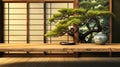 Empty wooden counter table green bonsai tree in traditional Japanese room with shoji window and wall tatami mat floor in sunlight Royalty Free Stock Photo