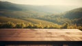 An empty wooden counter table top for product display showcase stage in a french vineyard. Generative AI Royalty Free Stock Photo