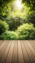 Empty Wooden Deck with Lush Green Forest Background and Sunlight Royalty Free Stock Photo
