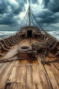 Empty Wooden Deck, Rough Ropes, Anchors On Old Ships Bow, Dramatic Stormy Sky, And Ocean Waves Royalty Free Stock Photo