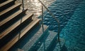 Empty wooden deck swimming pool steps with clear water surface background Royalty Free Stock Photo