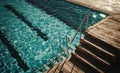 Empty wooden deck swimming pool steps with clear water surface background