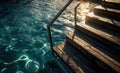 Empty wooden deck swimming pool steps with clear water surface background