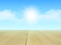 Background with sunny sky and empty wooden tabletop