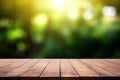 Empty wooden deck table with foliage bokeh background by Generative AI Royalty Free Stock Photo