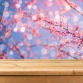 Empty wooden deck table over blurred bokeh spring garden background Royalty Free Stock Photo