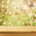 Empty wooden deck table over flowers bokeh background for product montage display. Summer season Royalty Free Stock Photo