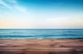 Empty wooden deck table over sea and blue sky background. For product display Royalty Free Stock Photo