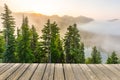 Empty wooden deck table top Ready for product display montage with forest and lake in the sunset background Royalty Free Stock Photo