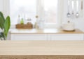 Empty wooden desk on blurred kitchen window for product presentation