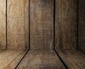 Empty wooden desk table and cloth, Old brown dark wood wall texture and pattern background for design Royalty Free Stock Photo