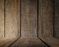 Empty wooden desk table and cloth, Old brown dark wood wall texture and pattern background for design Royalty Free Stock Photo