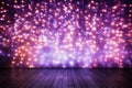 Empty wooden floor with defocused purple and pink bokeh lights background. Template for product display. Dreamy background with