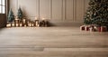 Empty wooden floor in neutral natural beige tones for product display with a wall in the interior of the room, with a Christmas