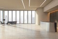 Empty wooden floor with space for your product presentation in modern interior design office hall with metallic reception desk, Royalty Free Stock Photo