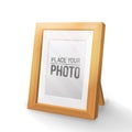 Empty wooden frame,cartoon style.Desktop photo frame.Realistic wood,transparent glass,3D element .Design Template For Royalty Free Stock Photo