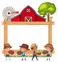 Empty wooden frame with children and red barn Royalty Free Stock Photo