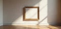 Empty wooden frame on a clean gallery wall. Bright sunlight streams through window casting geometric shadows. Minimalist interior Royalty Free Stock Photo
