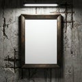 Empty wooden frame on a dark, cracked concrete wall with an overhead light creating a dramatic and eerie atmosphere Royalty Free Stock Photo