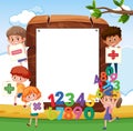 Empty wooden frame with school kids and math objects Royalty Free Stock Photo