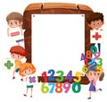 Empty wooden frame with school kids and math objects Royalty Free Stock Photo