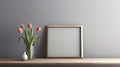 Empty Wooden Frame With Tulips Vase On Table Top - 3d Renders