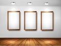 Empty wooden frames on wall with spotlights and wo