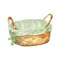 Empty wooden fruit or bread basket watercolor illustration isolated on white background. Hand drawn straw basket with Royalty Free Stock Photo